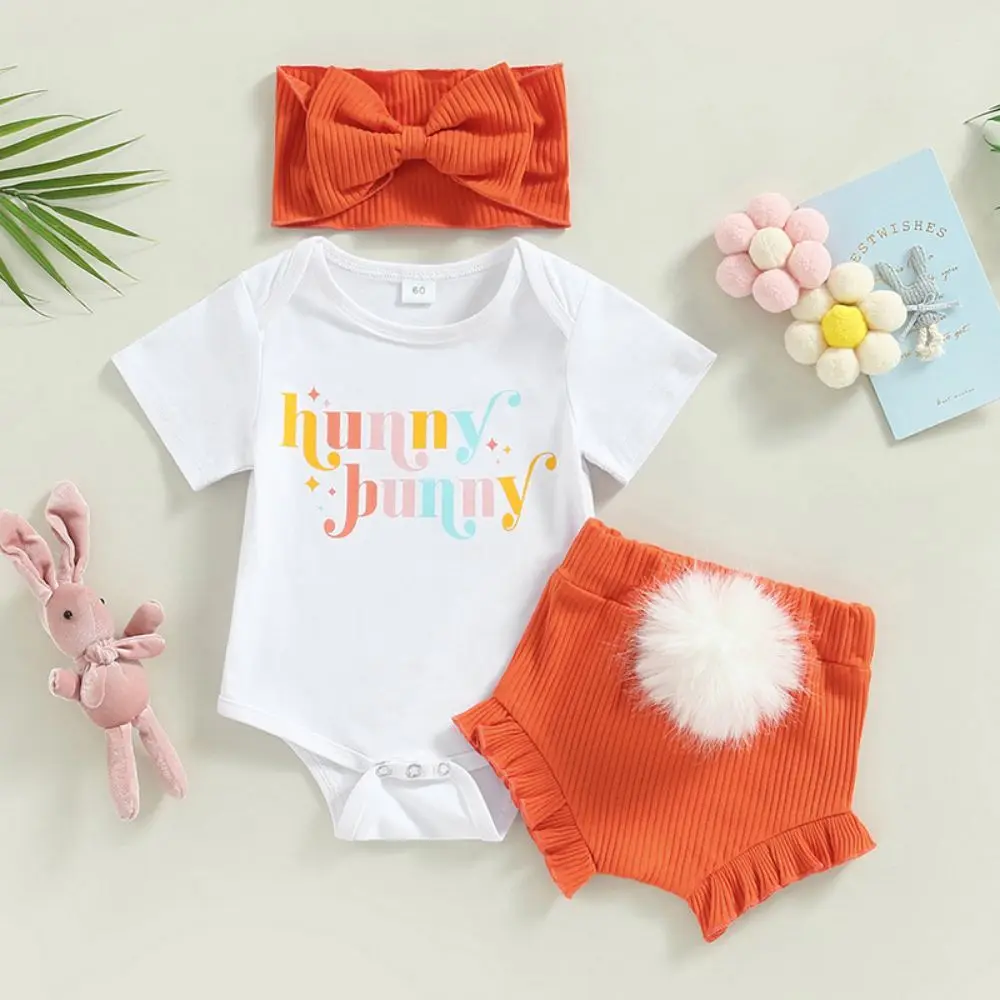 

Bunny Baby Girl Boys Romper Clothes Bow Headband 3 Pieces Sets for Newborn Rabbit Tail Cotton Ribbed Infant Bodysuit Costumes
