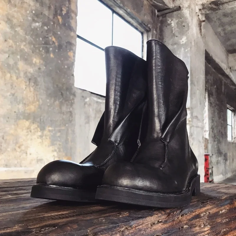 

Men Luxury Horse Genuine Leather Boots Vintage Gothic Mid Calf Military Boots Man High Top Biker Riding Safety Shoes