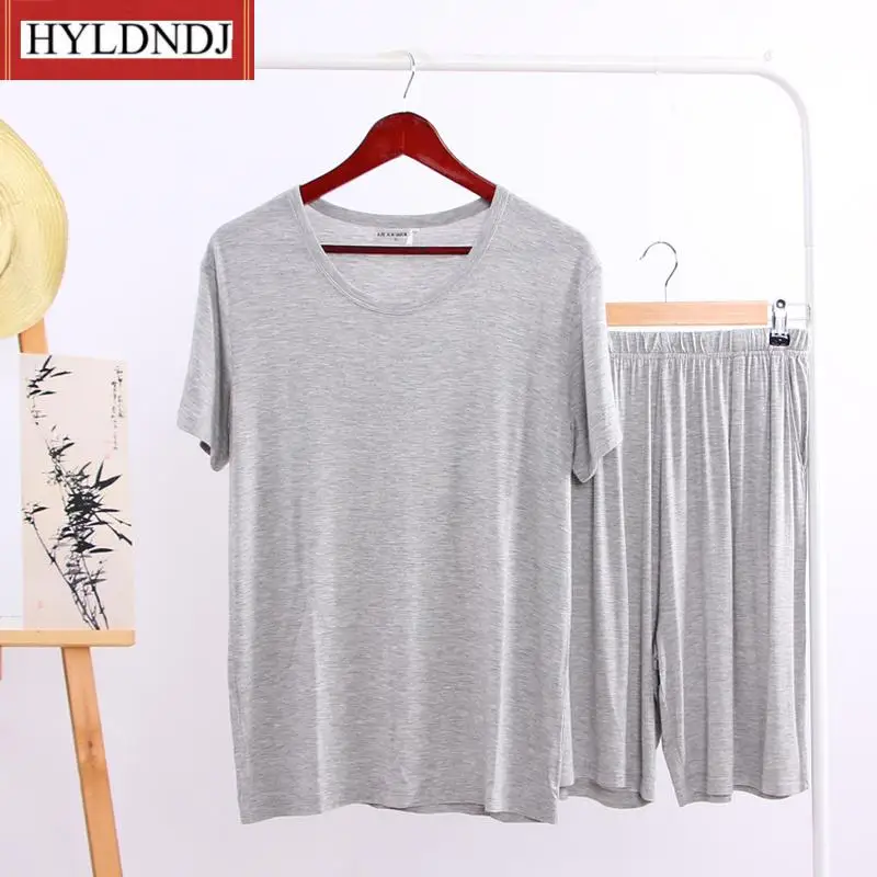 Mens Casual Set 2 Piece V-Neck Solid Color Home Clothing Summer Modal Pajama Sets Thin Short Sleeve T-Shirt Shorts Sleepwear