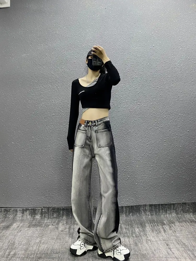 

Женские джинсы в уличном стиле, свободные прямые универсальные джинсы с высокой талией и широкими штанинами, серого и черного цвета, 2023
