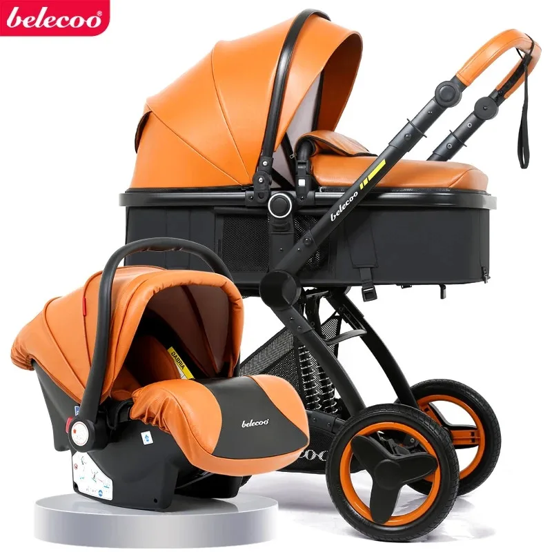 

Belecoo baby stroller high landscape baby stroller basket can sit lying folding 3in1 leather baby stroller with car seat gift