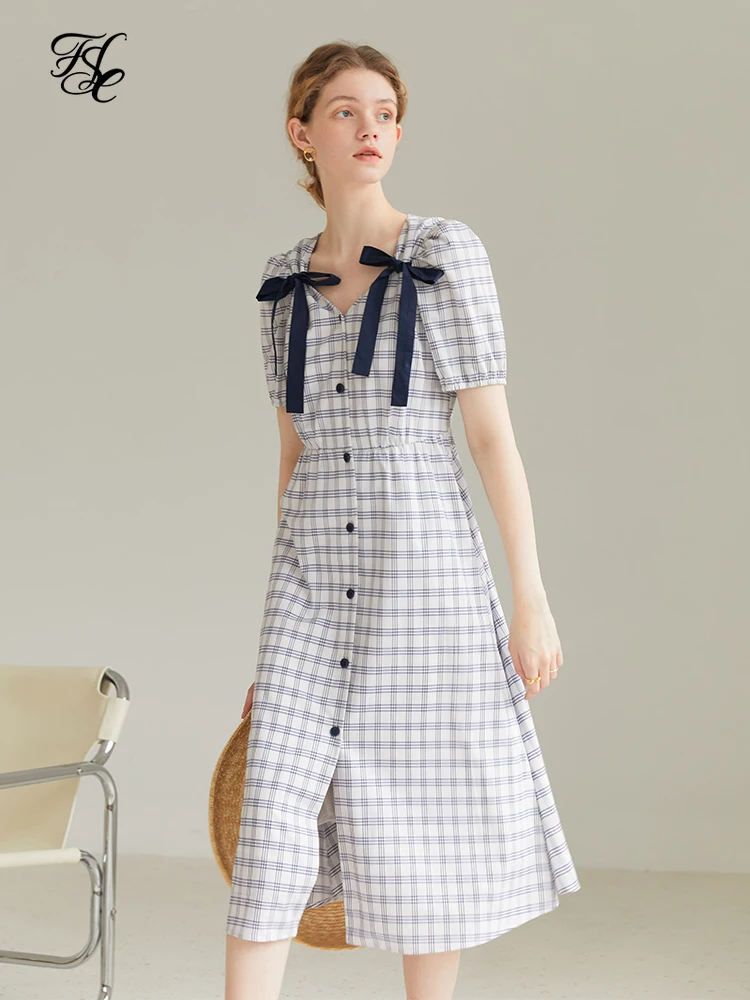 

FSLE Bow V-Neck Plaid Shorts Sleeve Square Collar Dress Summer 2022 New French Gentle Temperament Long Causal Women Dress