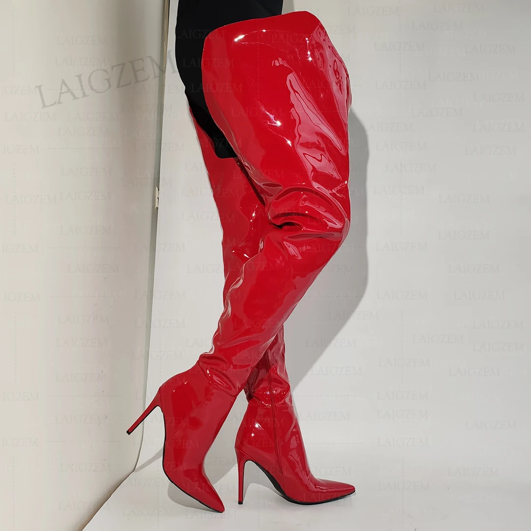 ZHIMA Женские сапоги до бедра с блестящим острым носком на шпильке Сапоги выше