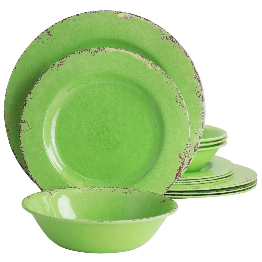 

California Designs Mauna 12 Piece Melamine Dinnerware Set in Crackle Green Serving Ware Kitchen Dish Dinner Plates
