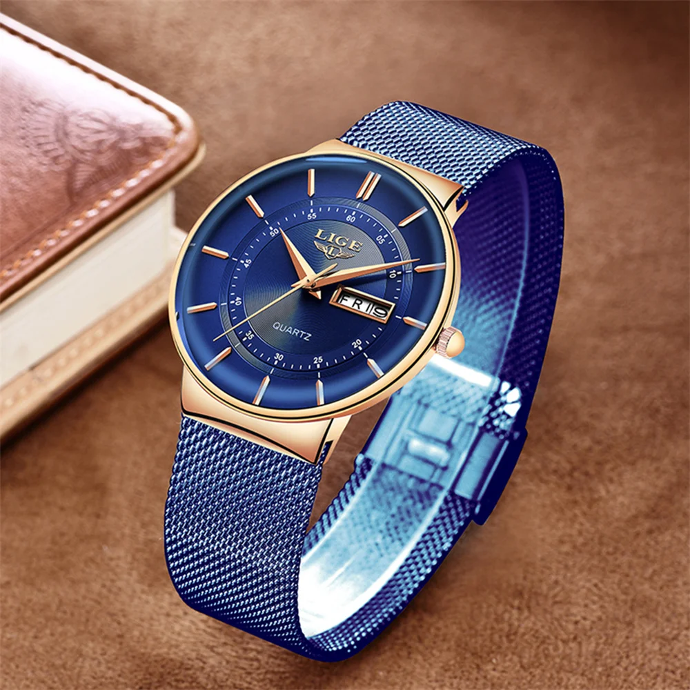 LIGE Women's Watches Luxury Brand Ultra-thin Calendar Week Quartz Watch for Women Ladies Clocks Mesh Waterproof Reloj Mujer