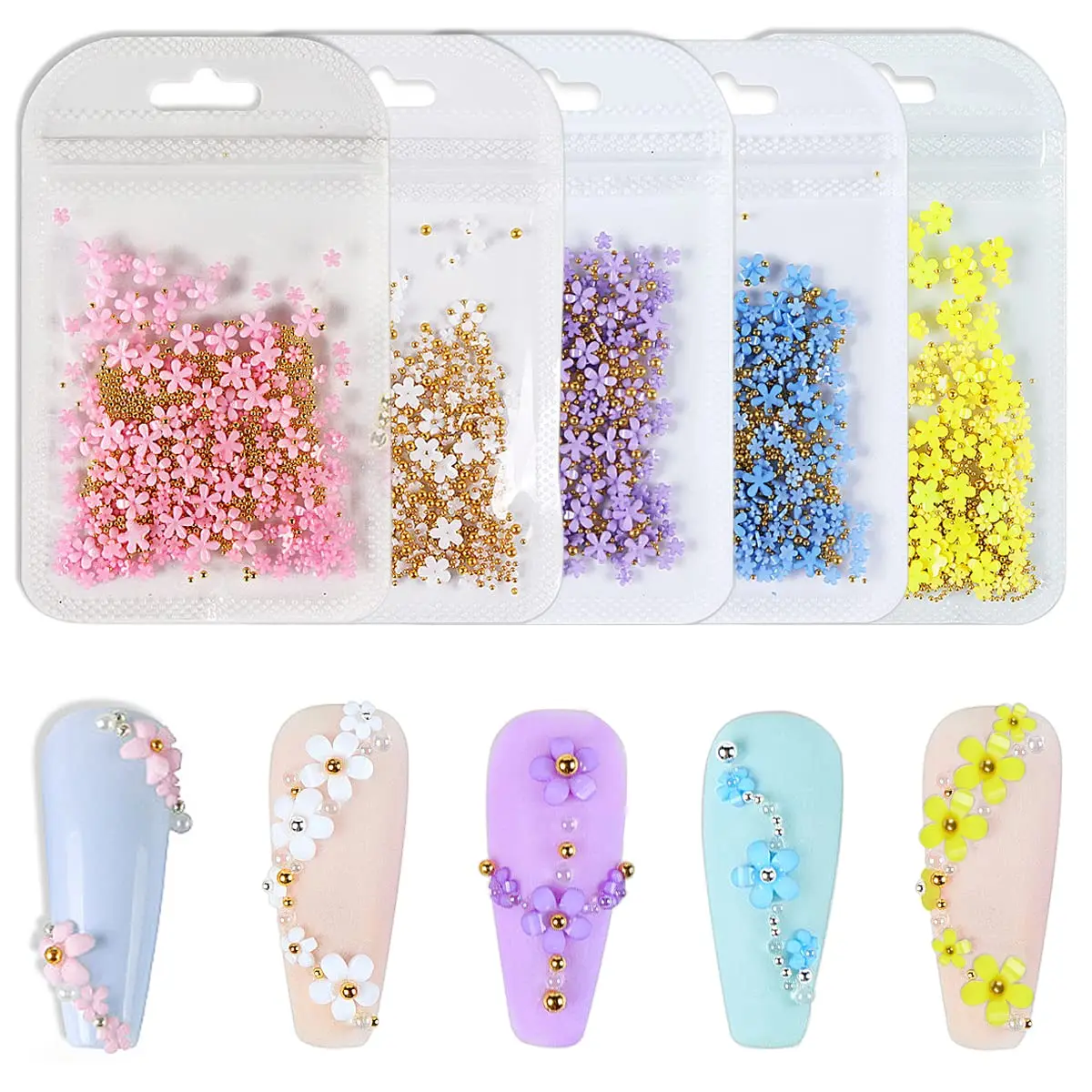 

3D Flowers Nail Art Charm Rhinestones for Acrylic Nail Decorations Golden Beads Nail Art Design DIY Accessories for Girls Women