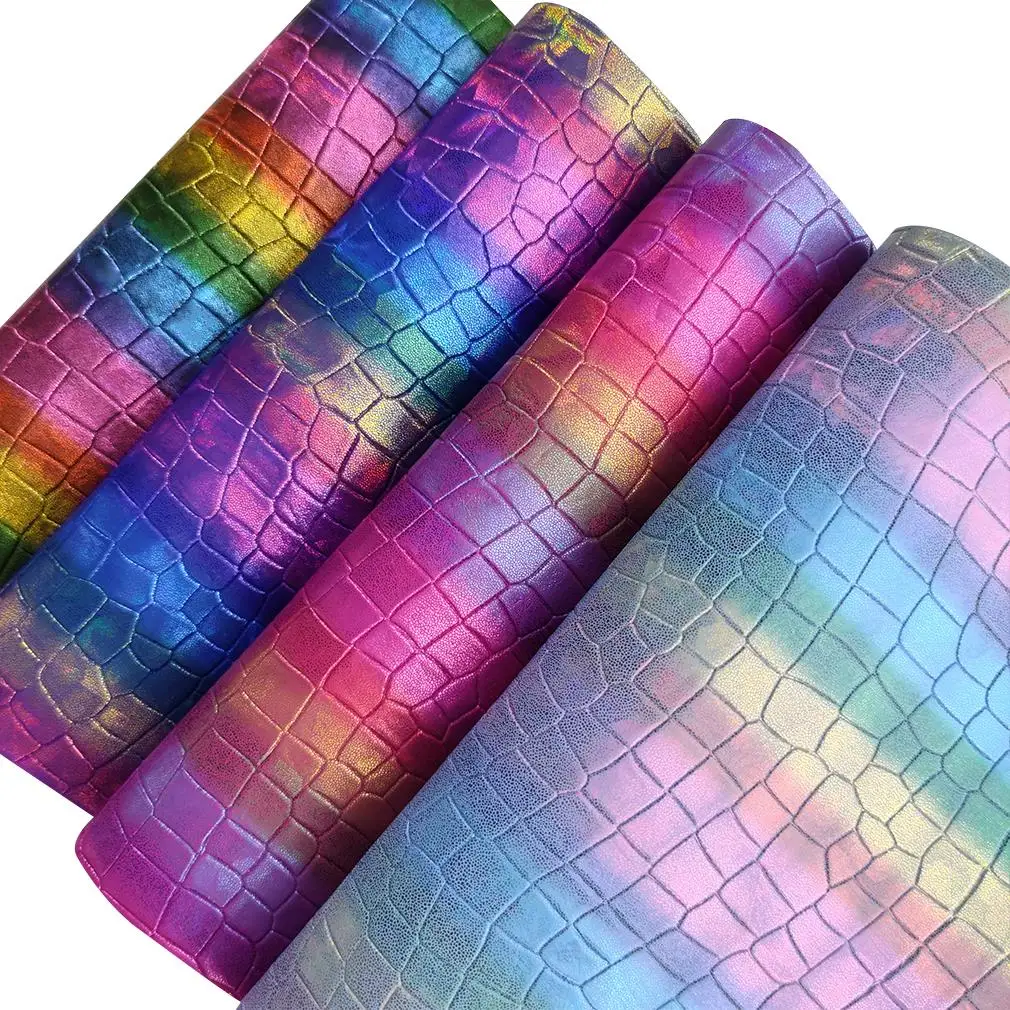 

Rainbow Color Crocodile Embossed PU Faux Leather Fabric for Bow Crafts DIY Material Holographic Iridescent Leatherette 30*135CM