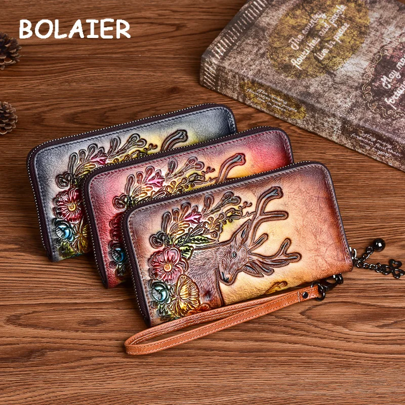 BOLAIER Leather Ladies Wallet Large Card Holder  Women's Retro Wallet Change Passport ID  Card High Quality  First Layer Cowhide