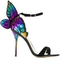 luxury laser gradient colorful butterfly wing back high heels sandals mixed colors wedding shoes thin heel ankle strap pumps
