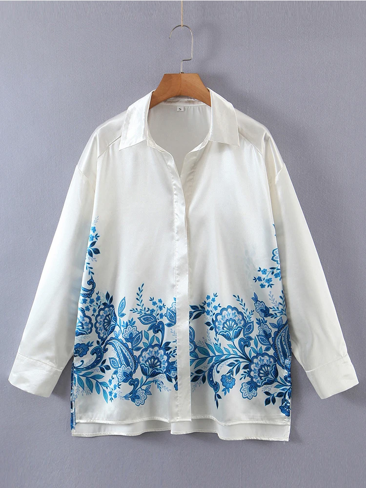 

Women Long Sleeve White Satin Shirts 2022 Bohemian Loose Blue Floral Print Blouses Long Tops