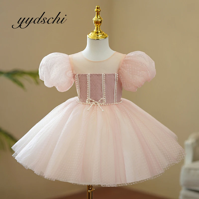 

Бальное платье розового цвета с цветами для девочек, платье в стиле ретро с жемчужинами, с короткими рукавами, длиной до колена, для принцессы, для дня рождения, детской часовни
