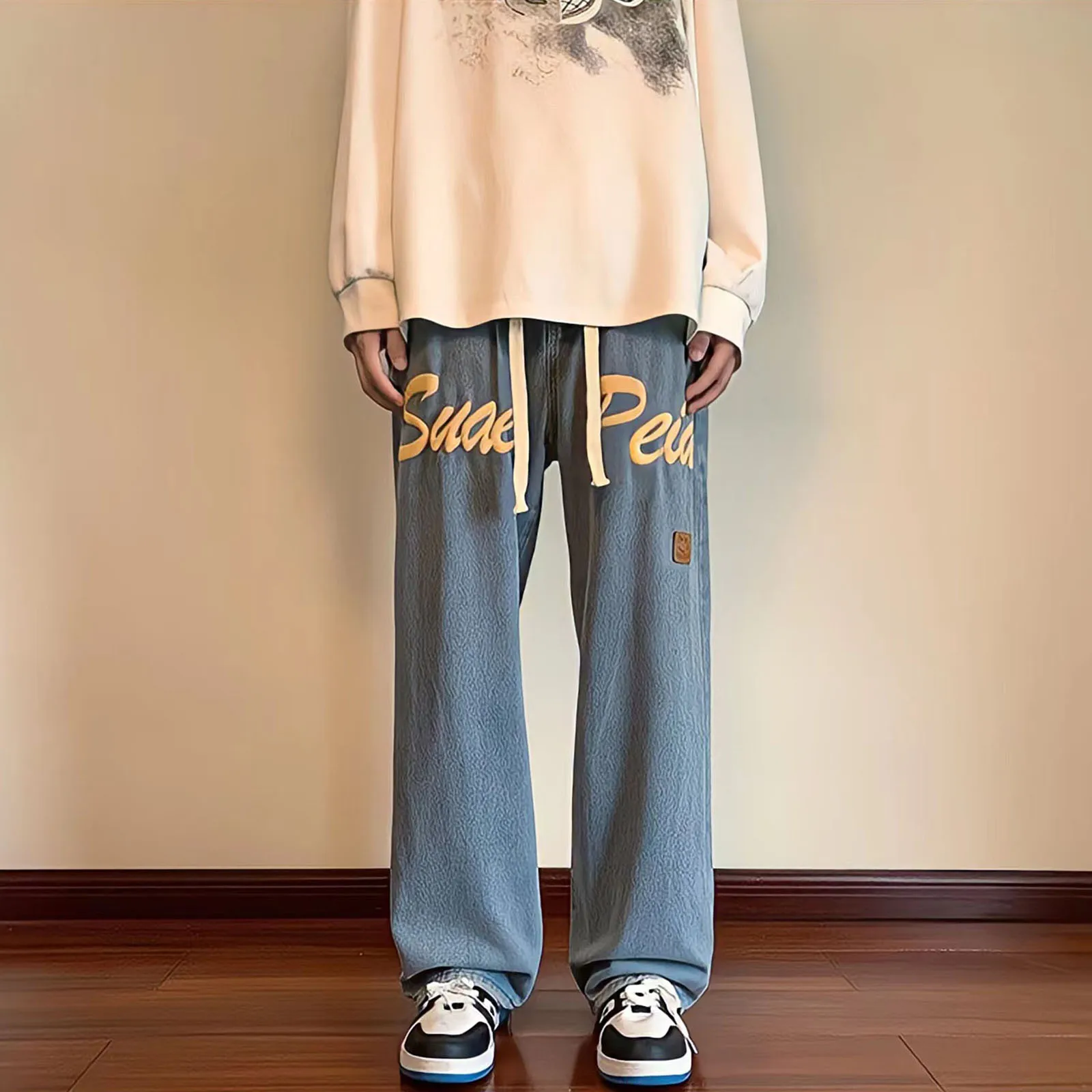 Korean Fashion Baggy Jeans Man Black Straight Pants Streetwear Hip Hop Letter Foaming Printing Oversized Casual Denim Trousers