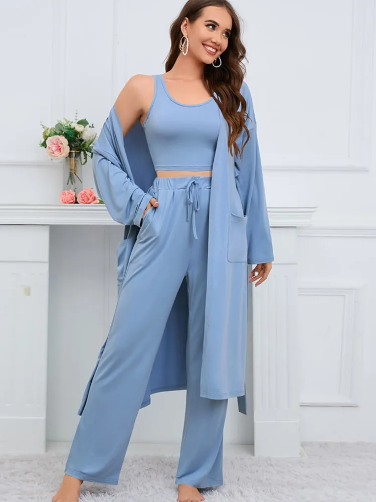 

Autumn And Winter New Solid Color For Women's Long Cape Suit Casual Pocket Wide Leg Trousers Simple Vest Female 3 Piece Set