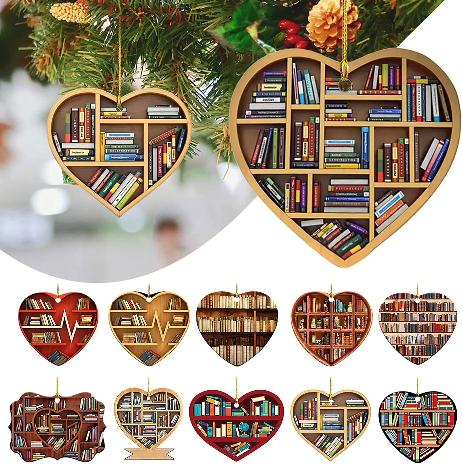 

Book Lover Christmas Ornaments for Christmas Tree Decoration Little Book Shelf Heart Shape Acrylic Ornaments X-mas Holiday Decor