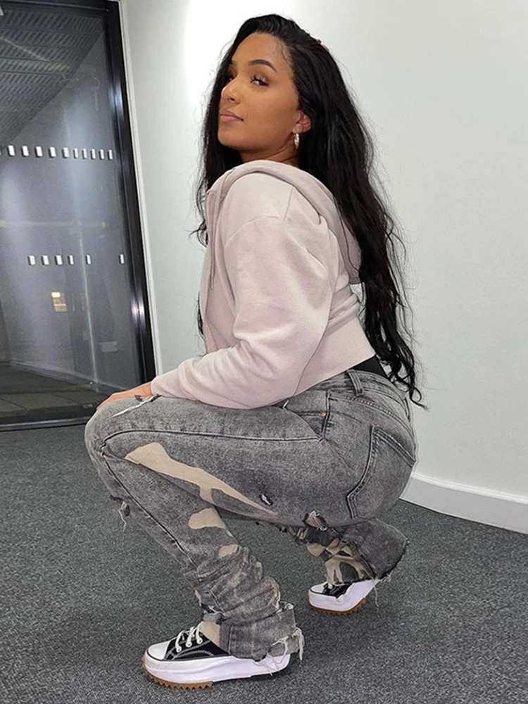 Women Y2K Stacked Pants Casual Fashion Cotton Hole Jeans Chic Print Ripped Denim Skinny Trousers Gray Elastic Slim Jeans