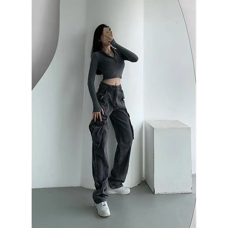 

BTFG Retro Street Women Straight Loose Multi-pocket Overalls Jeans Hip Hop High Street Pants High Quality Low Waist Jeans Women