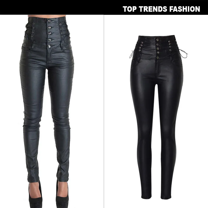 Womens Pant High Waist Button Strap Decorative Coating Imitation Leather Pants Stretch PU Pants for Women