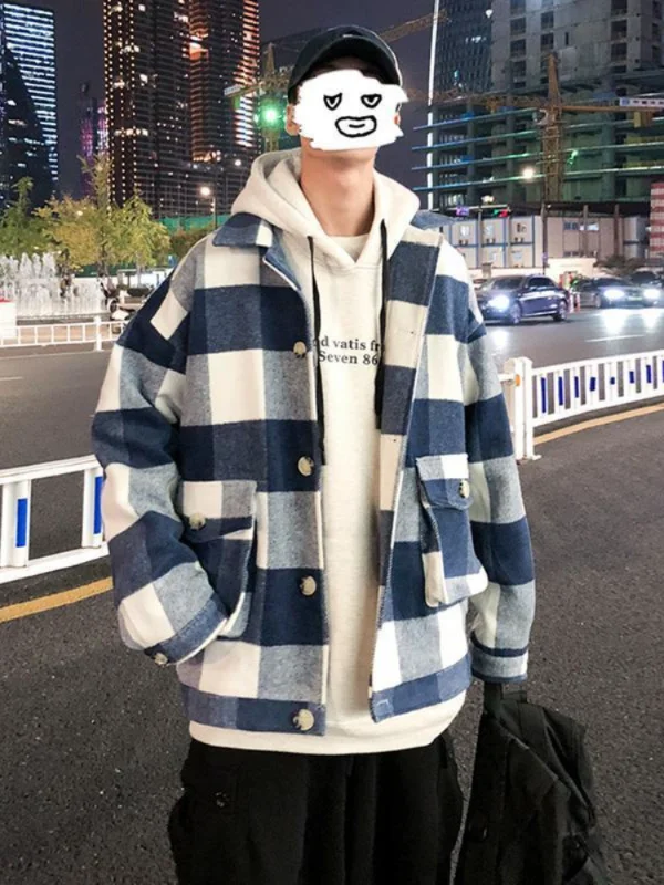 

Winter Hip Hop Woolen Coat Men's Short Hong Kong Style Trend Jacket Loose Handsome Youth Lapel Plaid Thickened Jackets