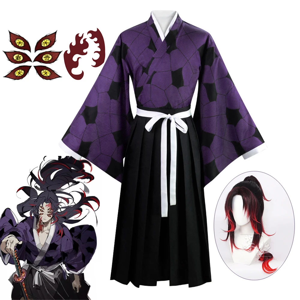 

Anime Demon Slayer Kimetsu no Yaiba Costume Kokushibo Cosplay Kimono Tattoo Wig Halloween Party Carnival Role Play Outfits Wigs