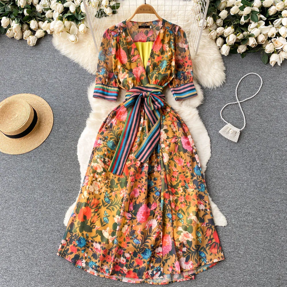 

VANOVICH Indie Folk Style Belt Waist Slim V-neck Vintage Printed Dress Summer Women's Short-sleeve Temperament Long A-line Dress