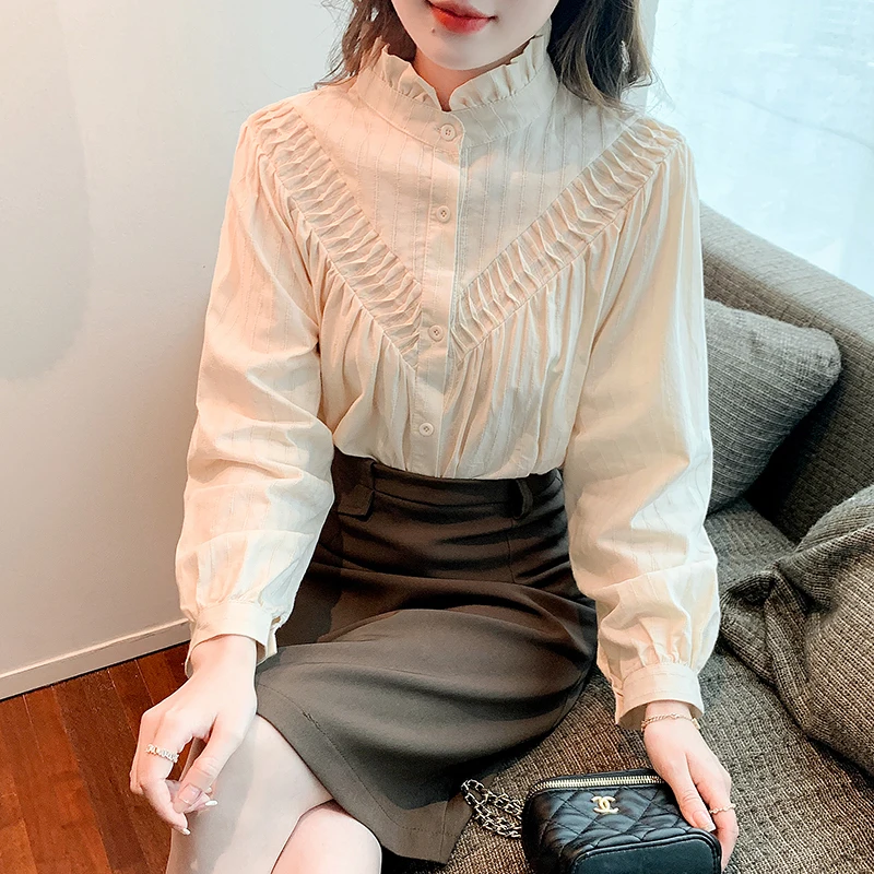 Spring and Summer Temperament Standing Collar Jacquard Pleated Stitching Top Single-breasted Lantern Sleeves Female Shirt