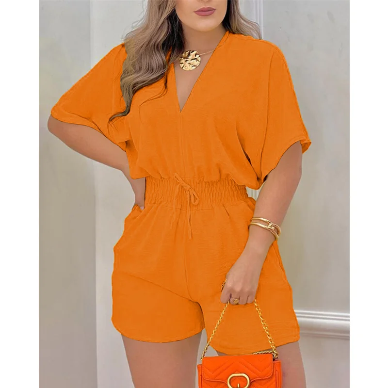 

Women Casual Short Sleeve V Neck Drawstring High Waist Corset Overalls Onepieces Women Elegant Fashion Summer Playsuit Overalls