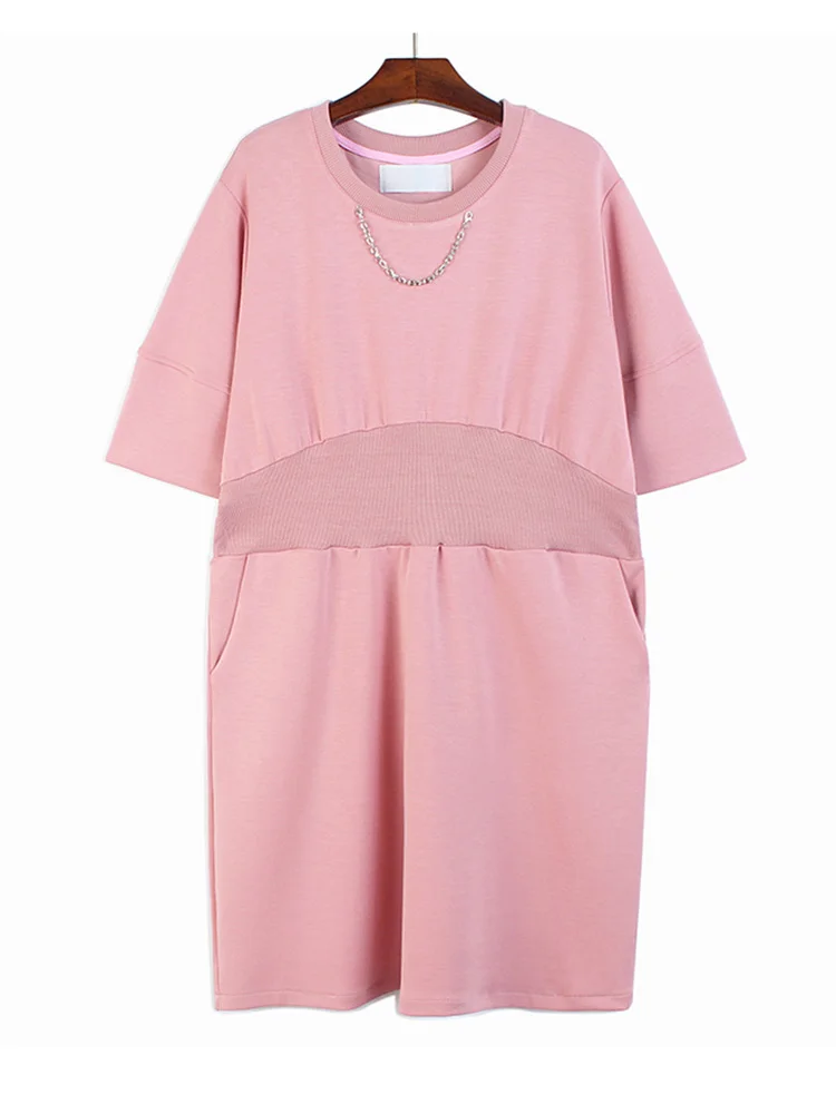 

Women Blue Metal Pleated Chain Midi Dress New Round Neck Three-quarter Sleeve Loose Fit Fashion Spring Summer 2022 M398