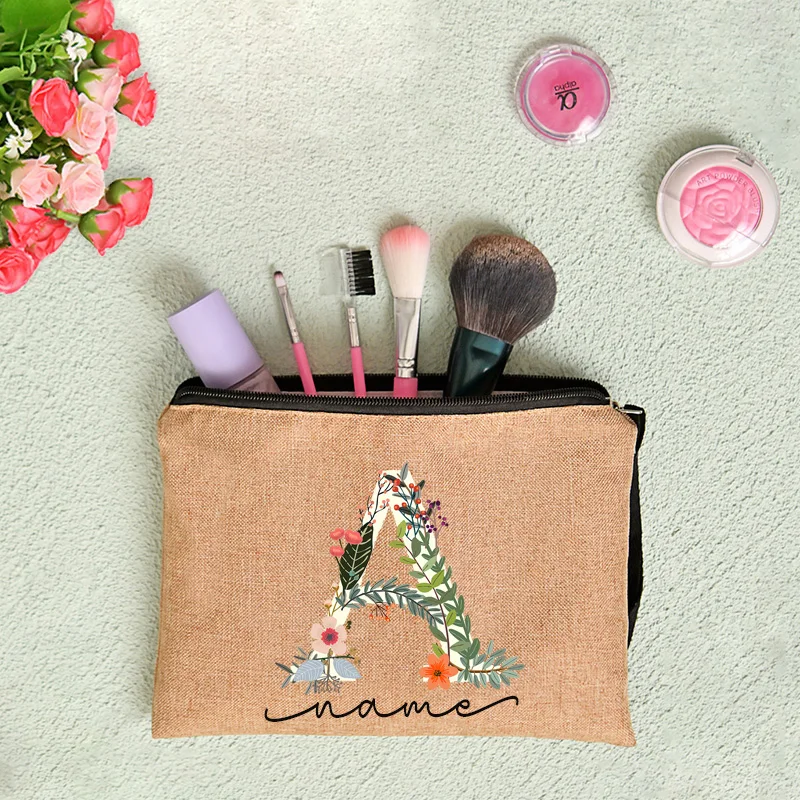 

Fashion 26 Letters Flower Cosmetic Bag Custom Personalized Name Women Linen Cosmetic Bags Travel Portable Makeup Bag