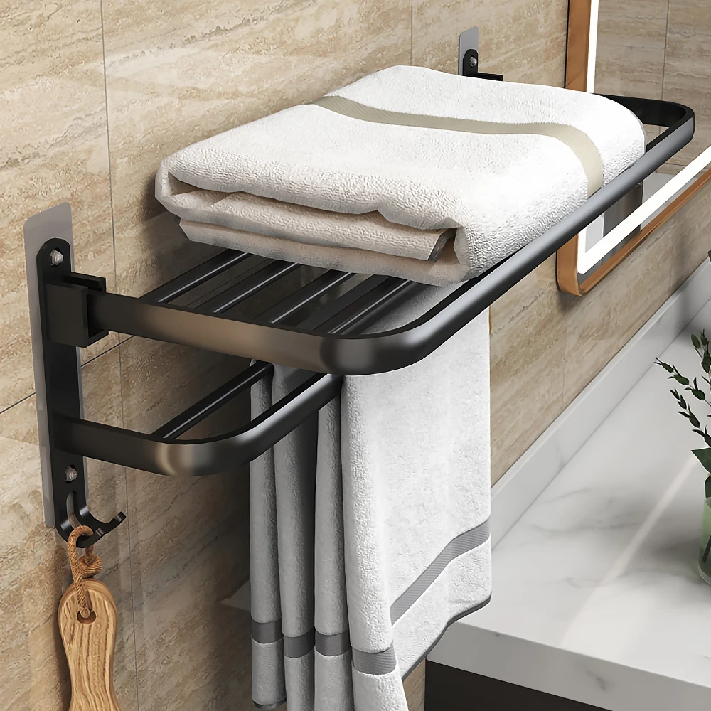 towel rack 40 60 cm velcro folding holder bathroom accessories wall mount rail shower hanger with hook black bar aluminum shelf free global shipping