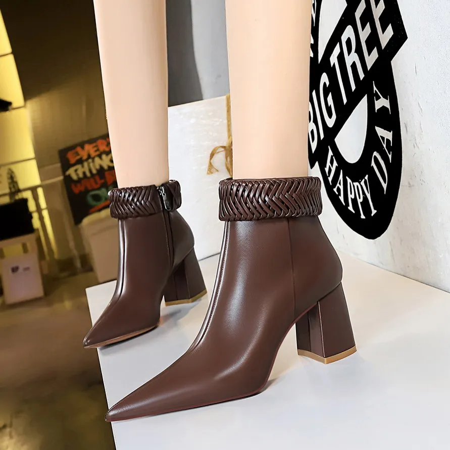 

BIGTREE Shoes New Designer Weave Women Boots Pointed Toe Chunky Heel Ankle Boots Side Zip Ladies Booties Fashion High-heel Boots