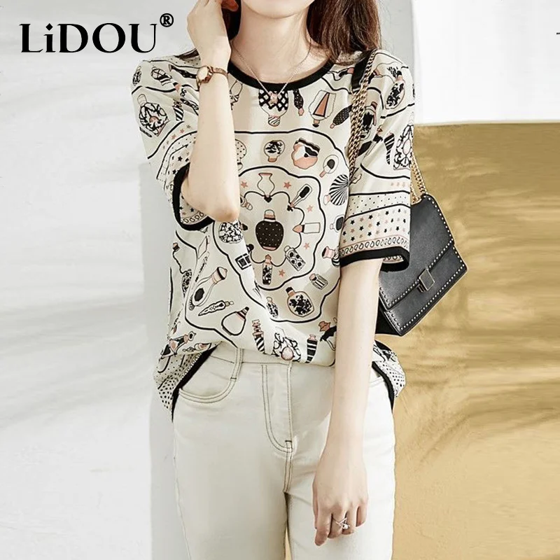 

Summer Fashion Casual Round Neck Printed Chiffon Pullover Top Women Elegant All-match T-shirt Ladies Comfortable Popularity Tees