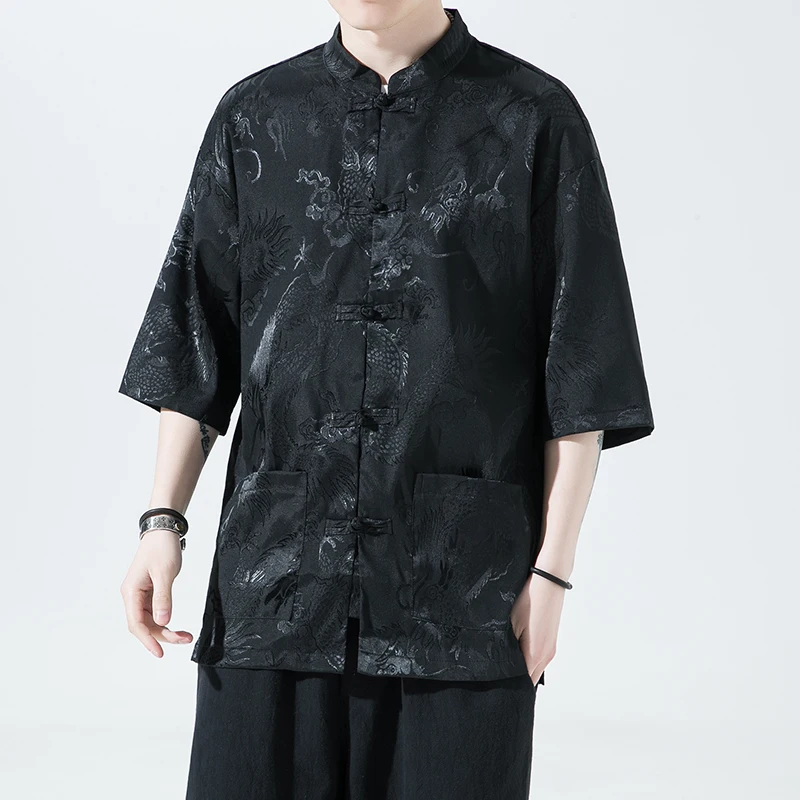

Summer Short Sleeved Shirt Hinese Style Plus Size Stand-Up Collar Top Tai Chi Hanfu Men Clothing Casual Harajuku Coat Male