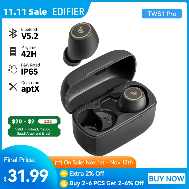  EDIFIER TWS1 Pro TWS Wireless Bluetooth Earphone aptX Bluetooth V5.2 up to 42hrs playback time Fast charging capabilities 