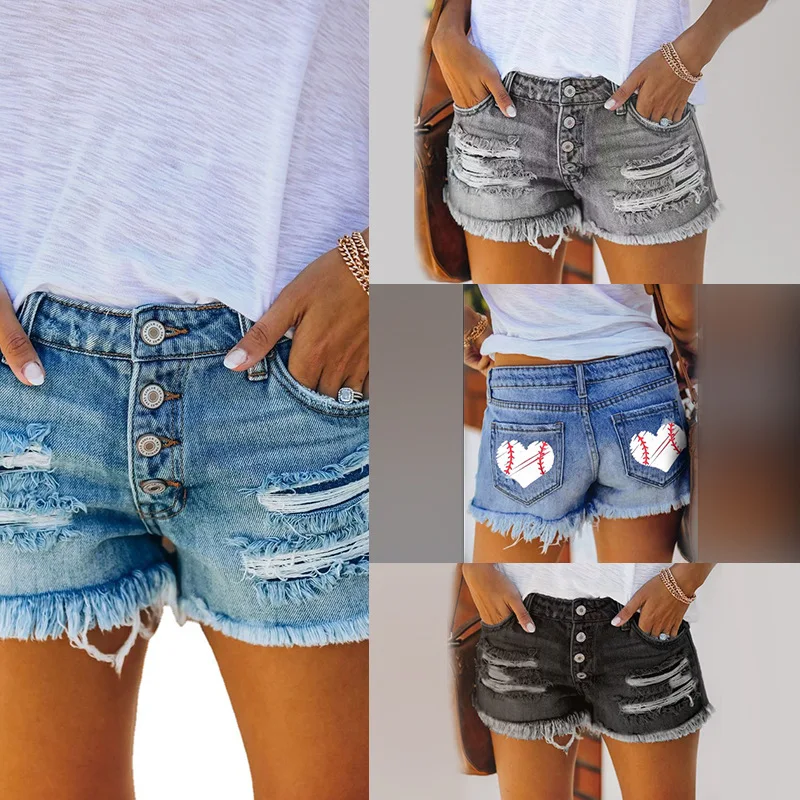 2023 spring and summer tattered tassel denim shorts straight breasted women's hot pants