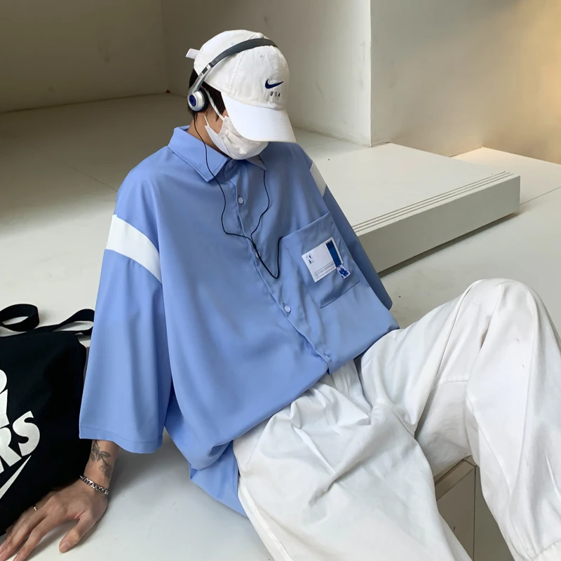 Summer Black White Vintage Korean Fashion Men's Clothing Sweatshirts Men's Harajuku Long Sleeve Button Up Social Shirts Top