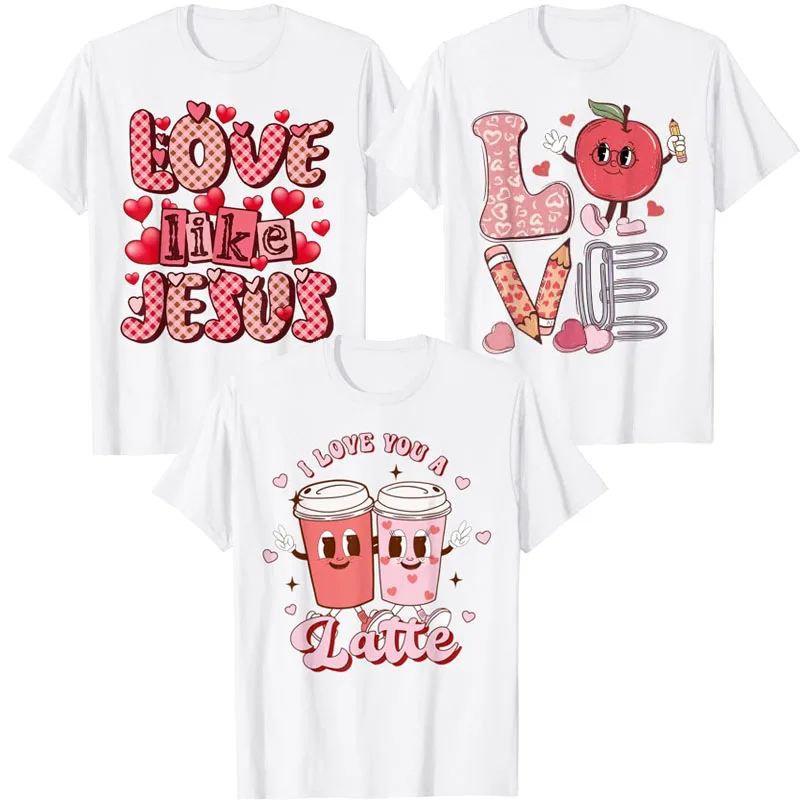 

I Love You A Latte Coffee Lover Tee Love Like Jesus Valentine's Day Red Plaid Heart Christian Teacher Love Retro Groovy T-Shirt