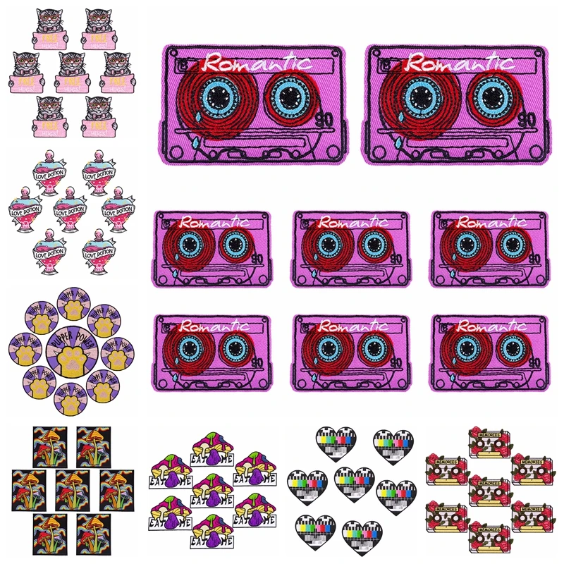 10 шт., термоклейкие патчи для одежды, с рисунком кошек и грибов