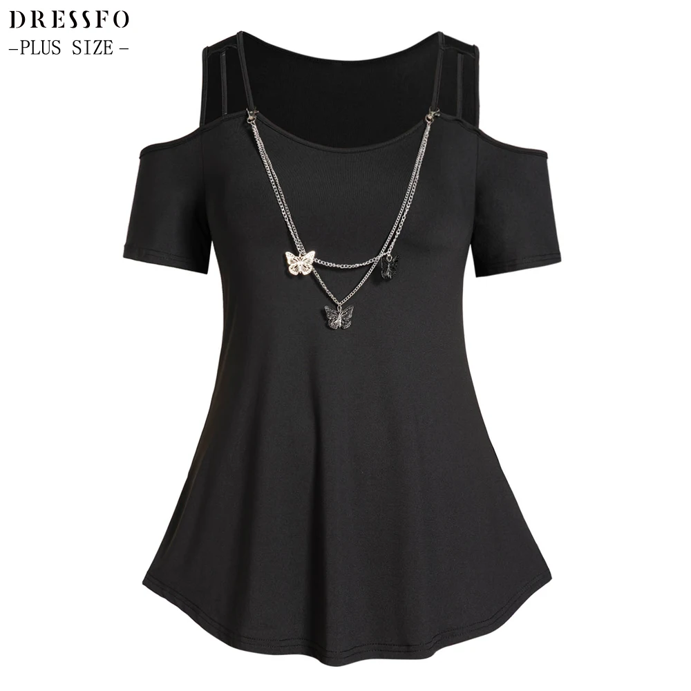 

Dressfo Solid Black Color Plus Size Tops For Summer Women Cold Shoulder Cut Out Butterfly Chain Embellishment Casual Tee