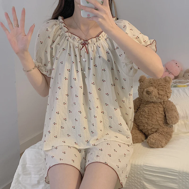 CAIYIER Summer Koream Cherry Print Pajama Set Slash Neck Kawaii Short Sleeve Shorts Sleepwear Soft Sexy Nightwear Women Homewear