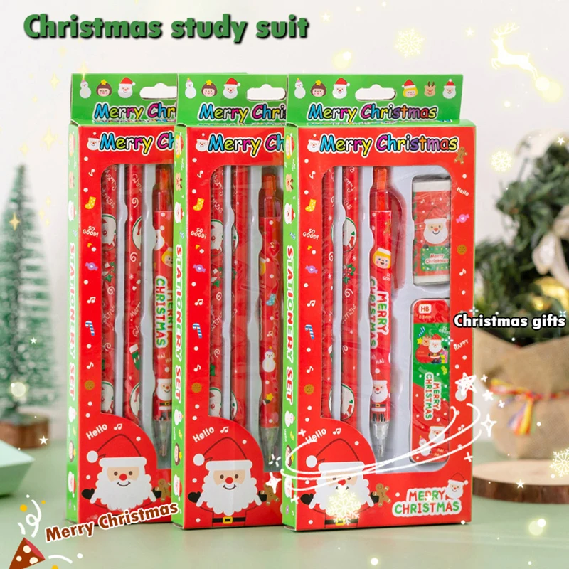 

1Set New Creative Christmas Five-piece Gift Box Kids Stationery Students Pencil Eraser Kit New Years Gift School Supplies