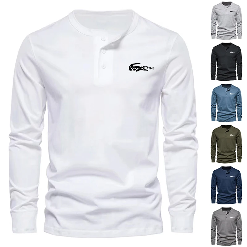 

2023 New Men's Casual T-shirt Long Sleeve Top Solid Button Brand High Quality Henley shirt Round Neck Men's Undercoat Top