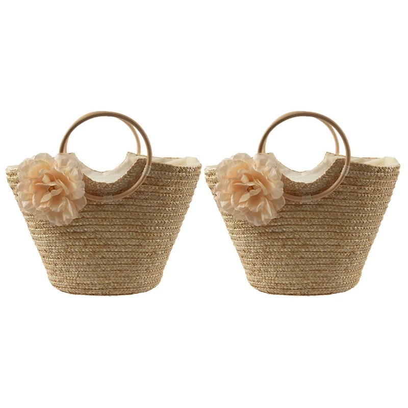 

2X Women's Straw Handbag Flower Woven Summer Beach Messenger Tote Bag Basket Shopper Purse