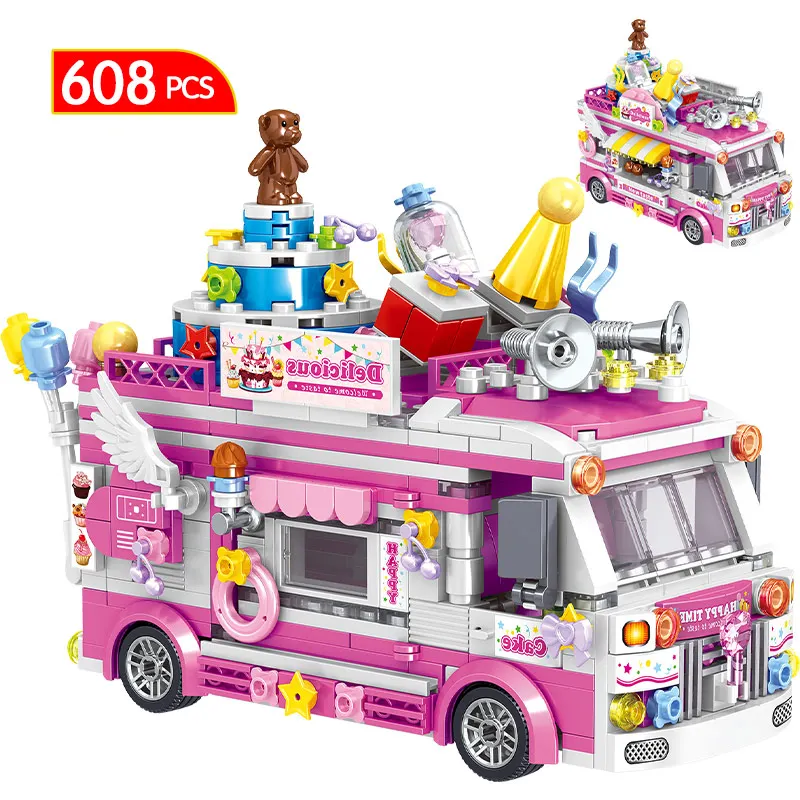 

City Friends Ice Cream Truck Street View Dining Car Mini Building Blocks Food Snacks Shop Bricks Toys For Children Girl