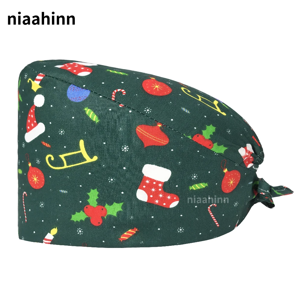 

Cute Cartoon Christmas Print Hats Unisex Pure Cotton Adjustable Scrub Hat Hospital Operating Room Cap Lab Pet Clinic Scrub Caps