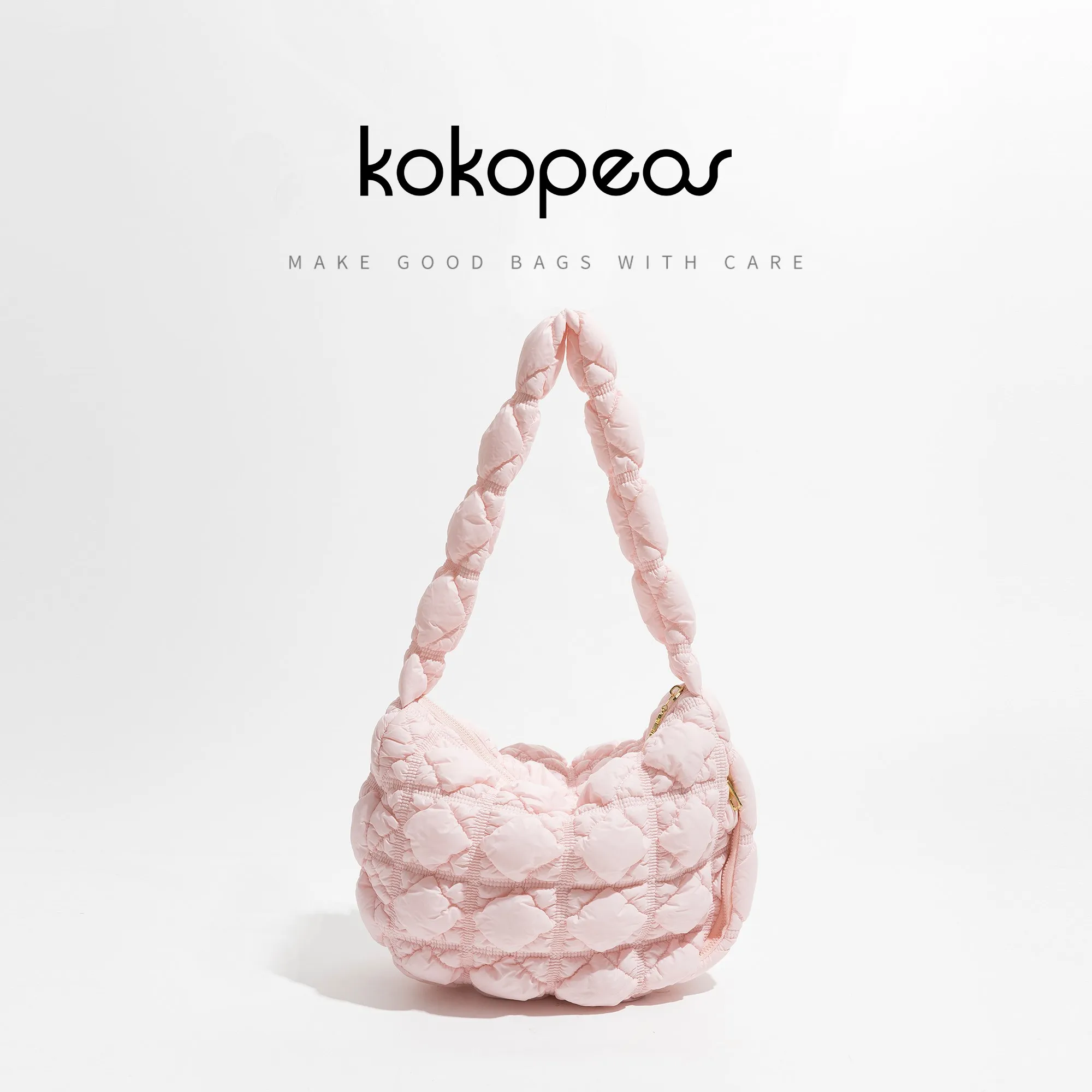 

KOKOPEAS Pink Bubble Female Pillow Shoulder Purse Quilted Underarm Hobo Handbag LIghtweight Ruched Small Tote Bag