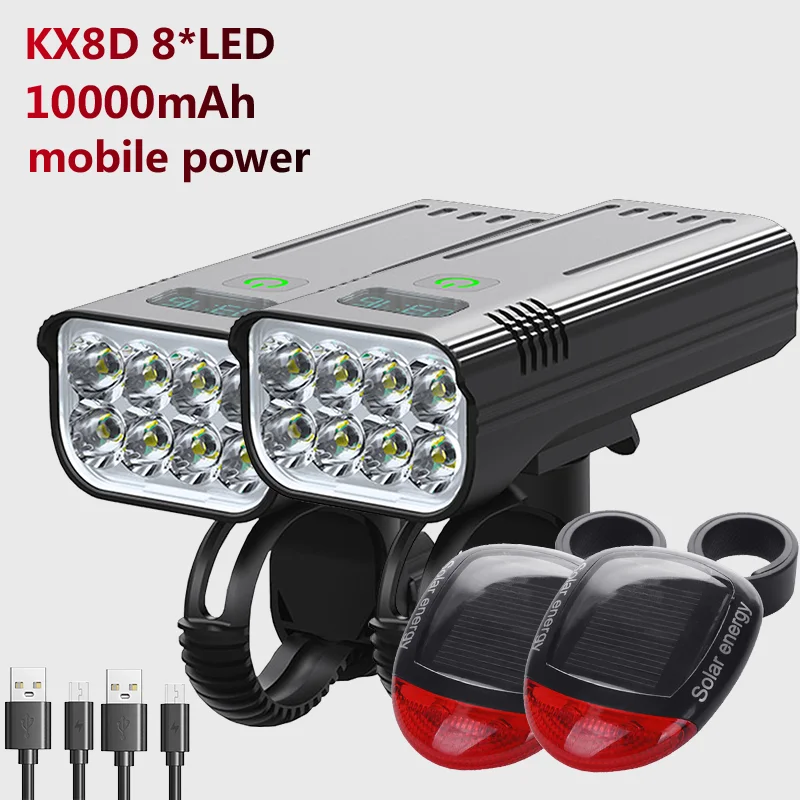 

2 pcs Bicycle Light Bike 8*LED 10000mAh Headlight Bike Flashlight Headlamp Front back Set USB Rechargeable Bicycle Accessories