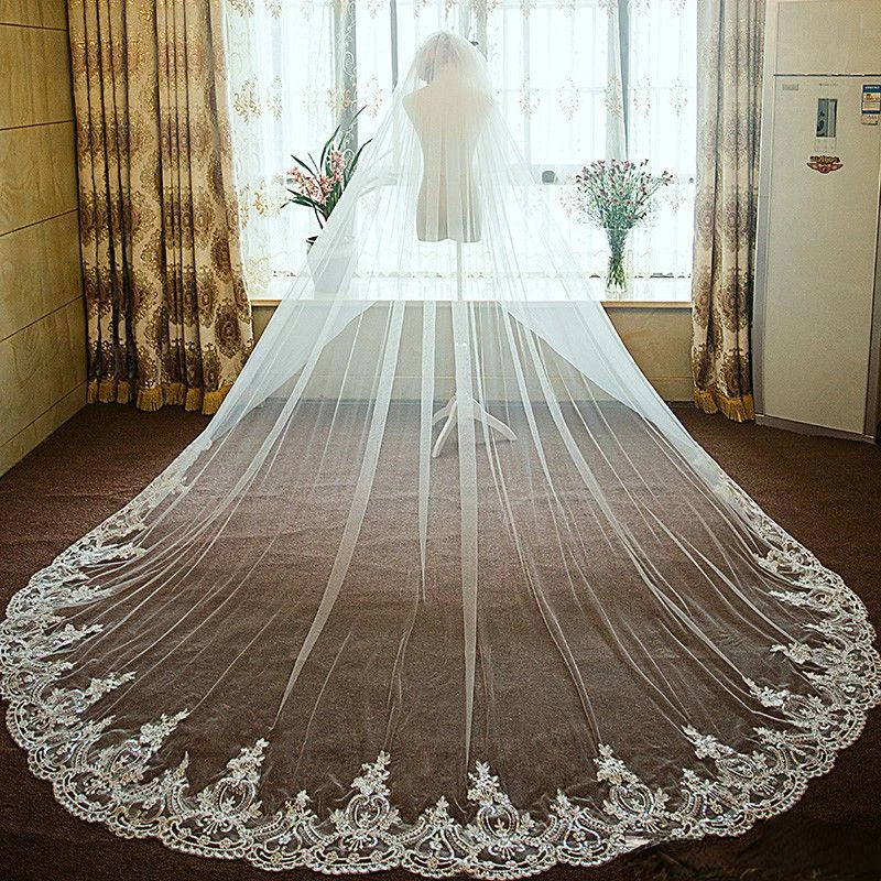 

White Ivory Wedding Veils Cathedral Length Bridal Veils Lace Edge Appliqued 3m Long Customized With Free Comb