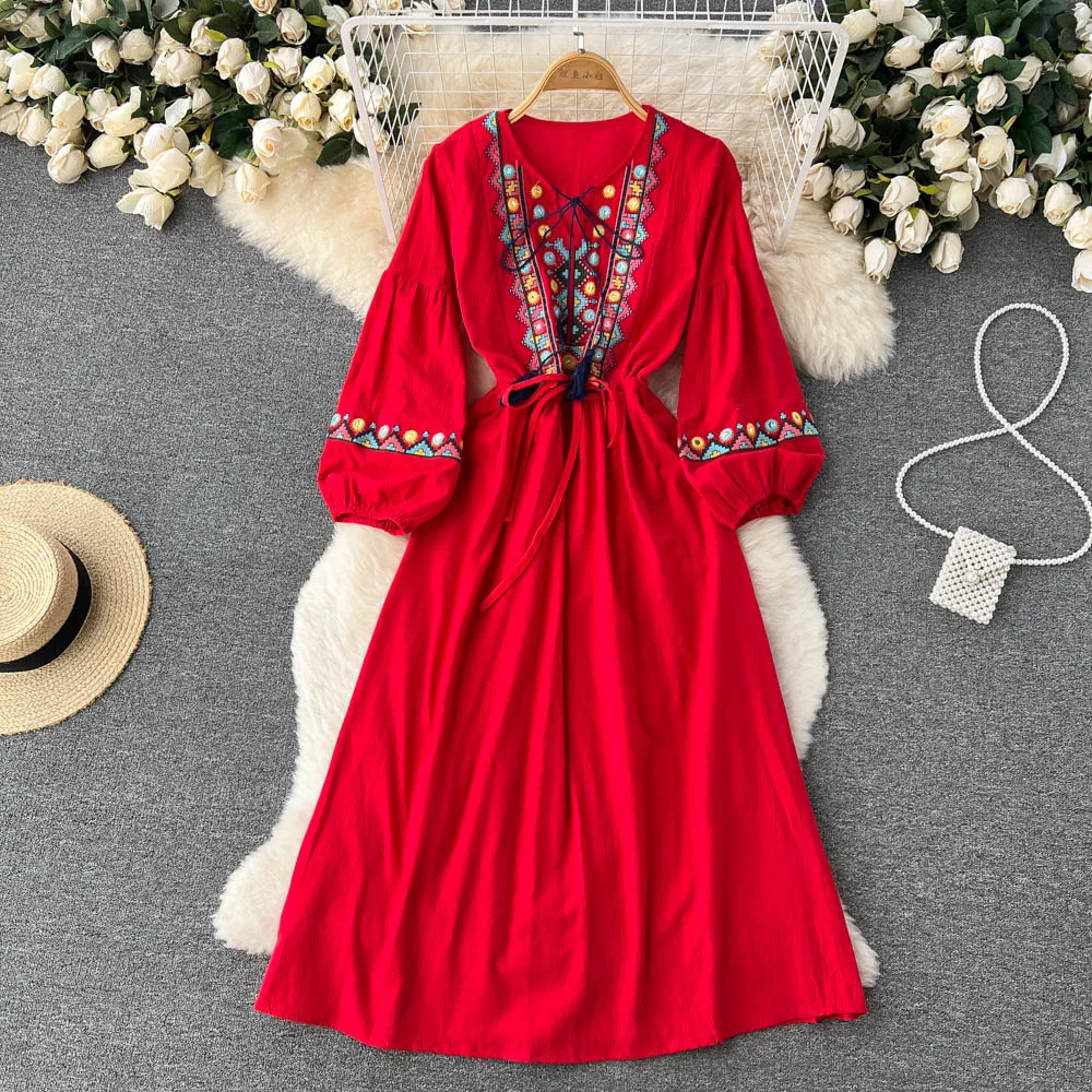 

Women New Fashion Spring Autumn Retro Ethnic Embroidery V-neck Long Sleeve Lace-up Waist 2022 Dress Casual Vestidos E861