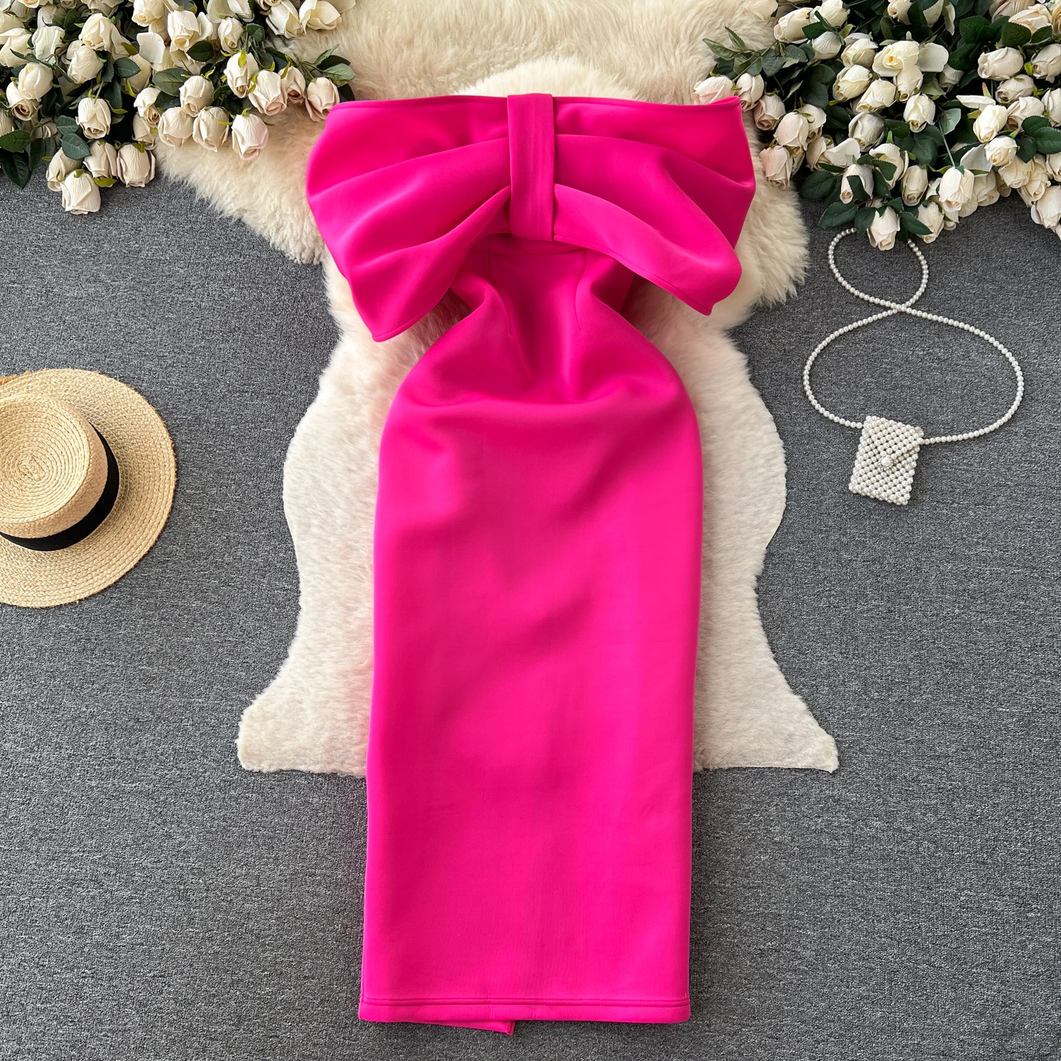 

Clothland Women Sexy Bow Tie Midi Dress Zipper Sleeveless Slash Neck Off Shoulder Oarty Event Holiday Dresses Vestido QC585