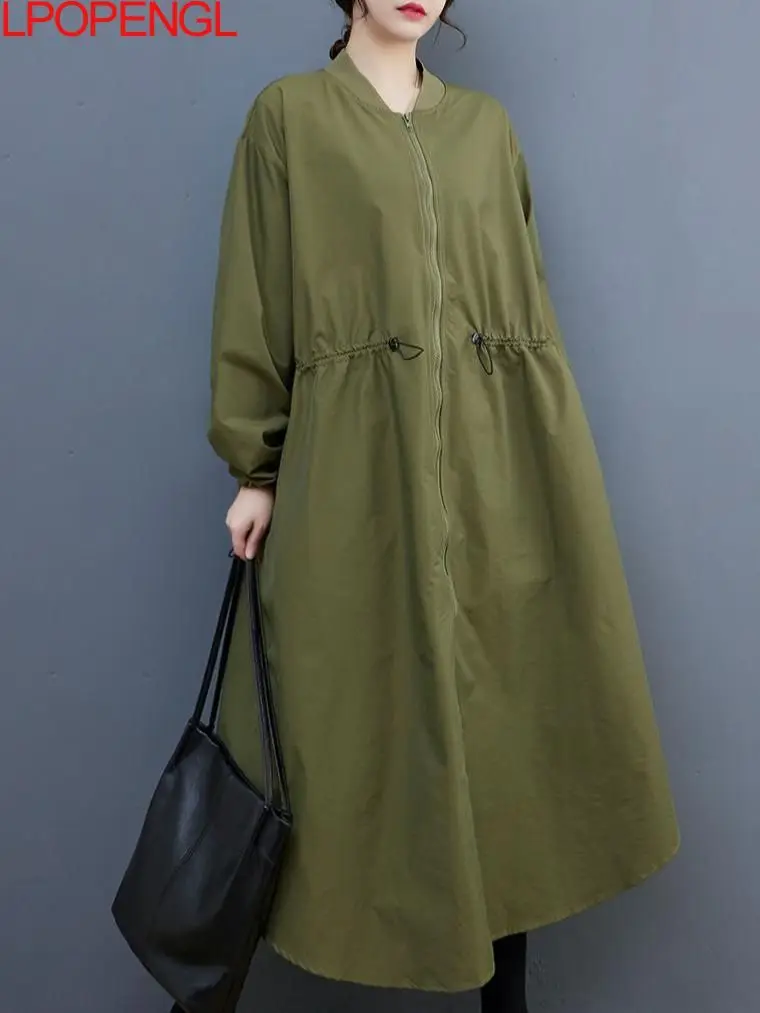 

Woman Long Sleeved Literary Casual Vintage Windbreaker Mid Length Autumn And Winter New Loose O-neck Zipper Streetwear Long Coat